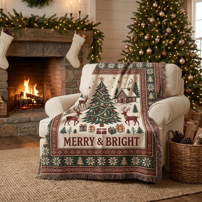 Merry & Bright Christmas Woven Blanket – Christmas Tree & Reindeer Throw Blanket