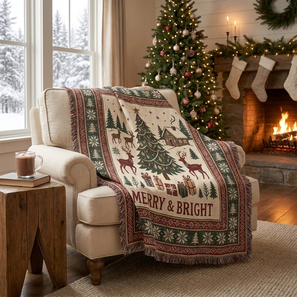 Merry & Bright Christmas Woven Blanket – Christmas Tree & Reindeer Throw Blanket