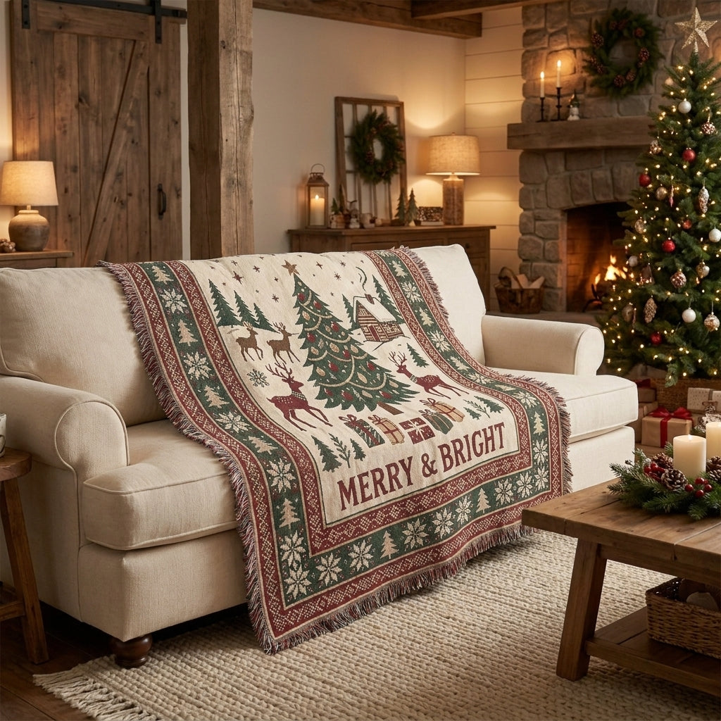 Merry & Bright Christmas Woven Blanket – Christmas Tree & Reindeer Throw Blanket