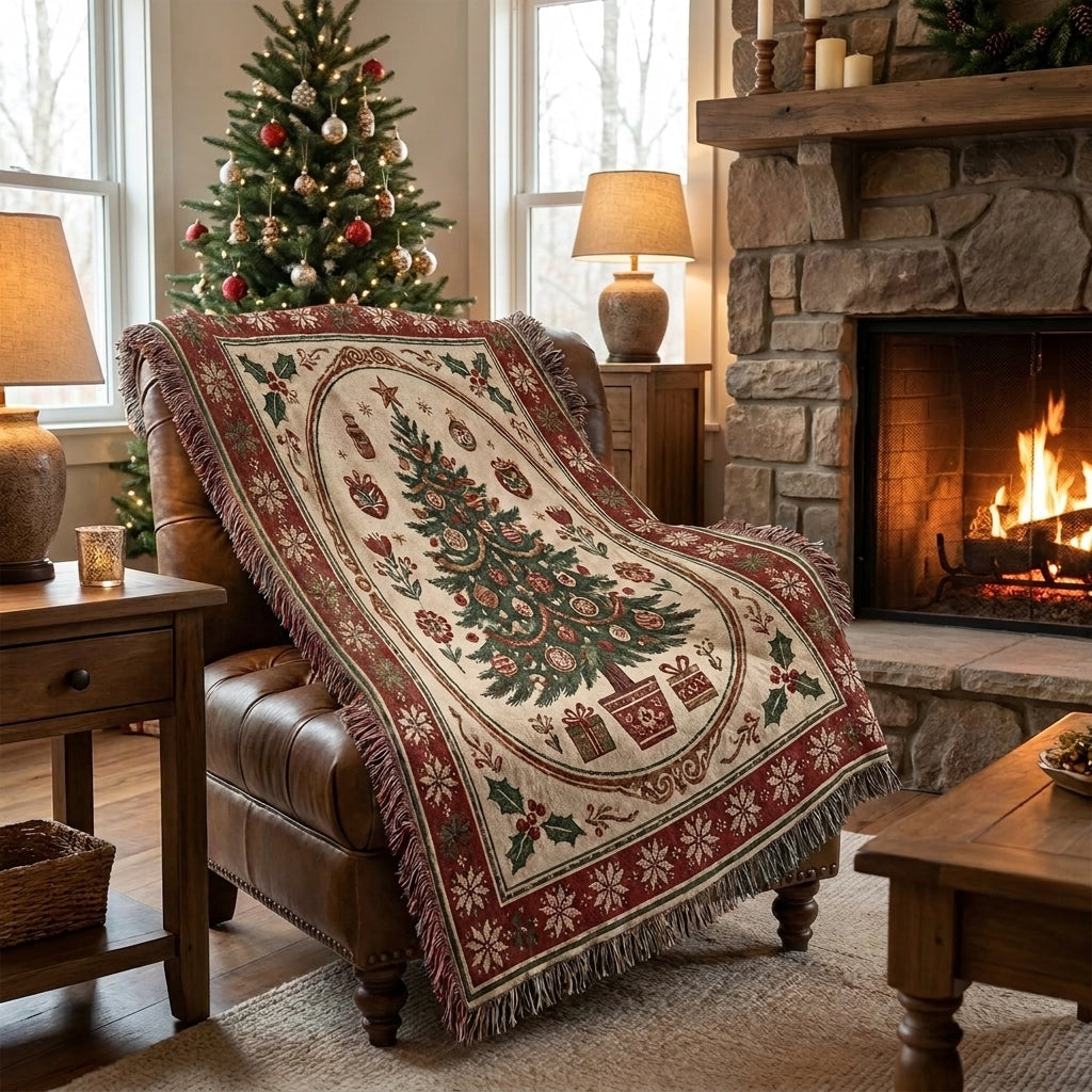 Vintage Christmas Tree Woven Blanket – Traditional Holiday Throw Blanket
