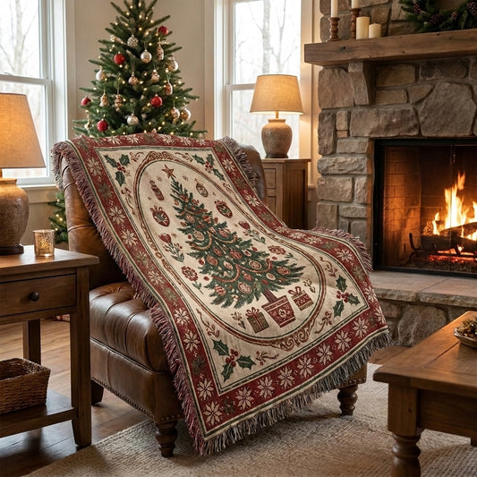 Vintage Christmas Tree Woven Blanket – Traditional Holiday Throw Blanket
