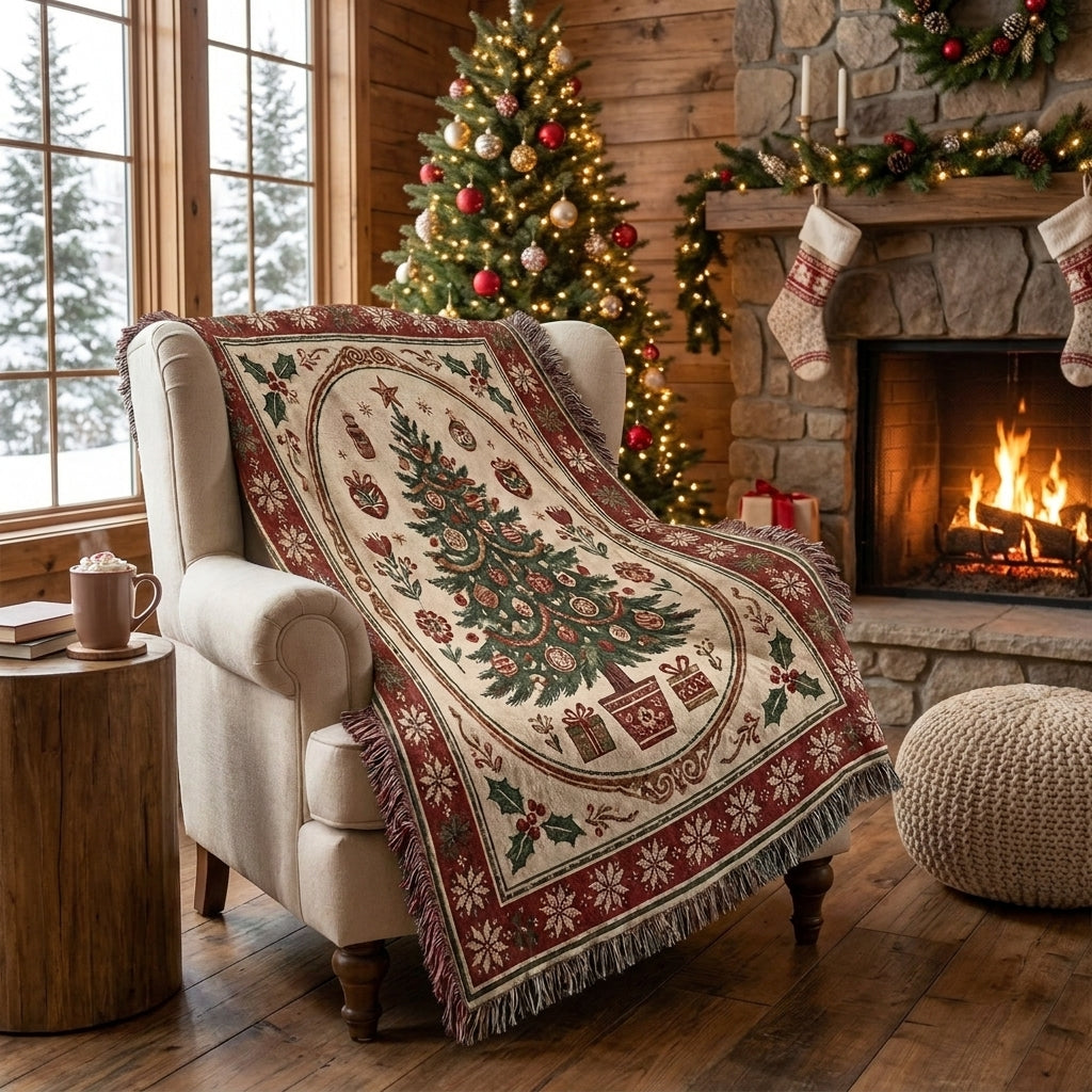 Vintage Christmas Tree Woven Blanket – Traditional Holiday Throw Blanket