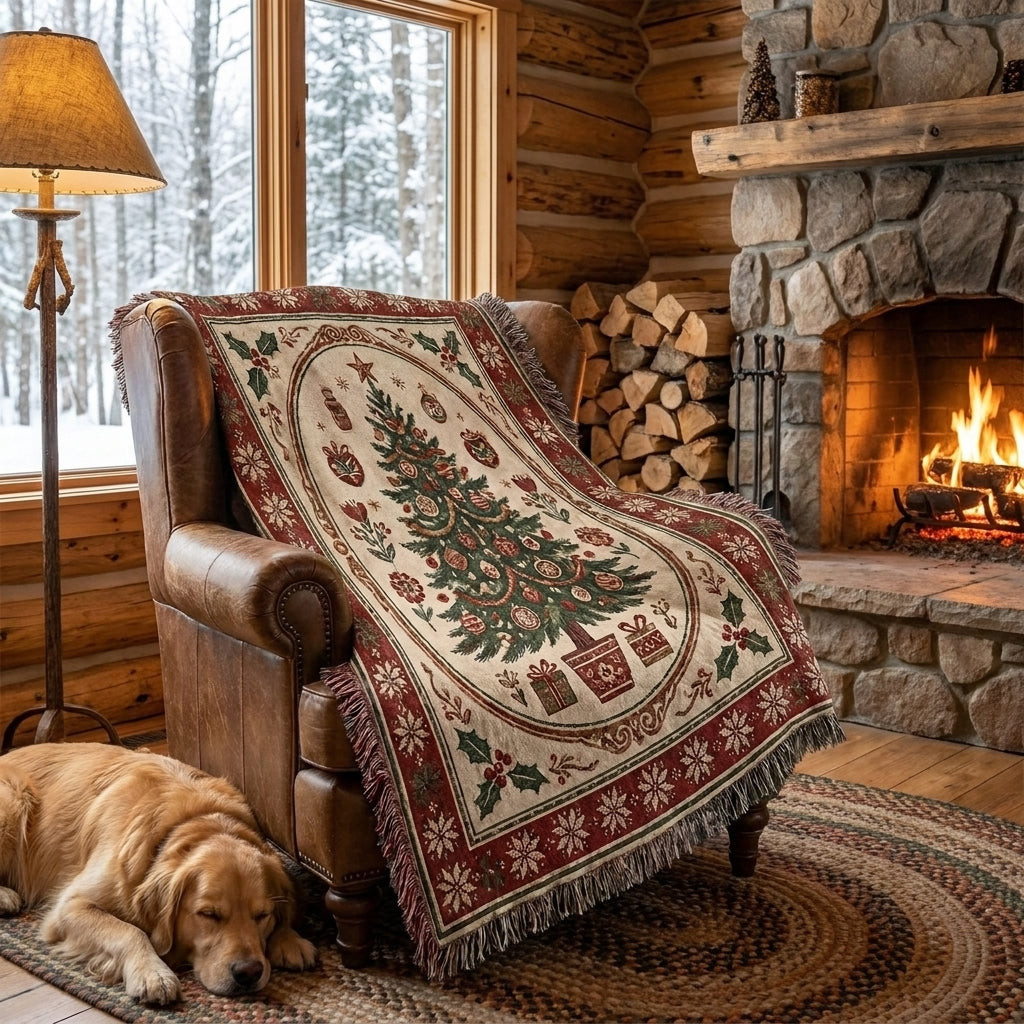 Vintage Christmas Tree Woven Blanket – Traditional Holiday Throw Blanket