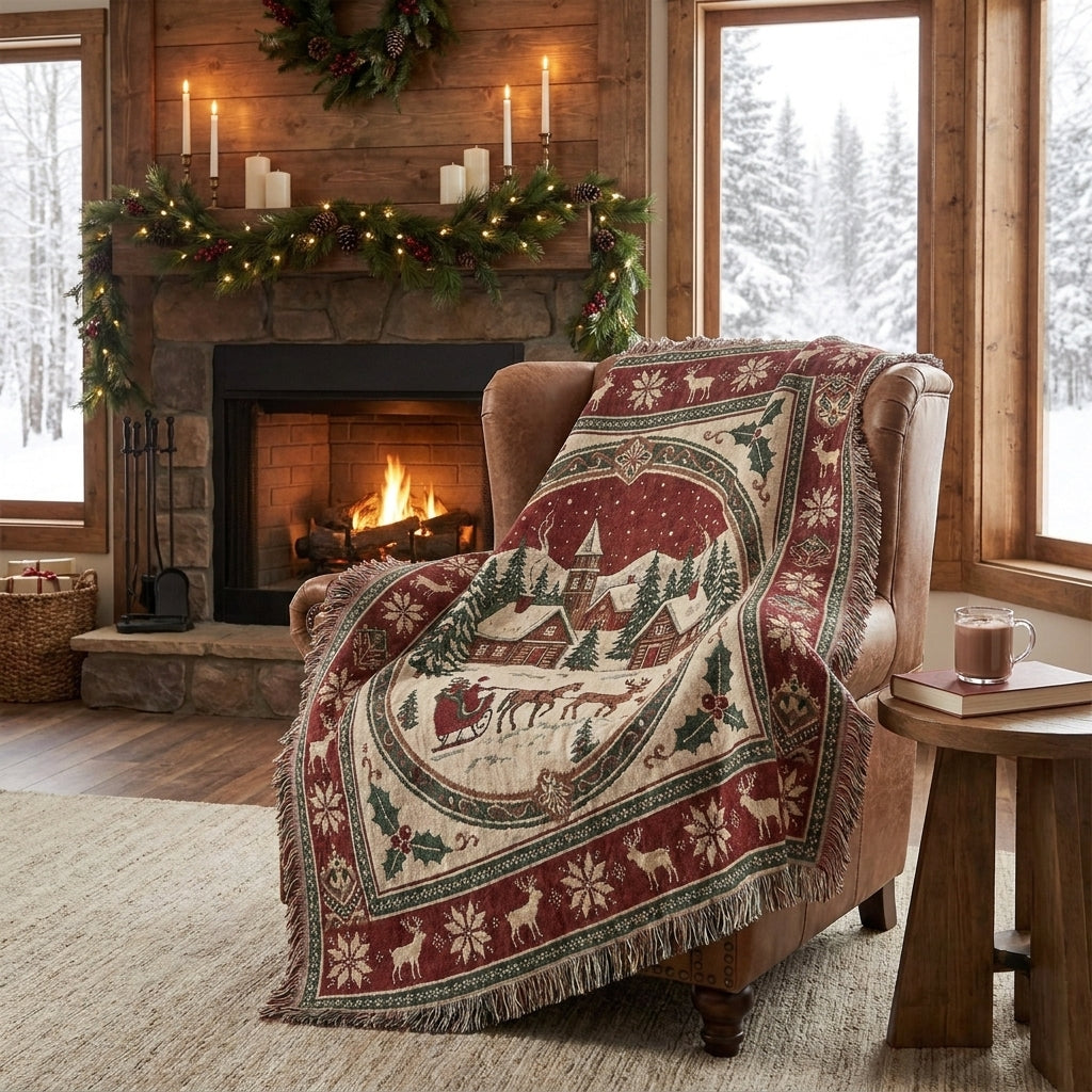 Vintage Christmas Snowy Village Woven Blanket – Cozy Holiday Throw Blanket