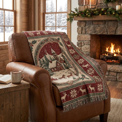 Vintage Christmas Snowy Village Woven Blanket – Cozy Holiday Throw Blanket