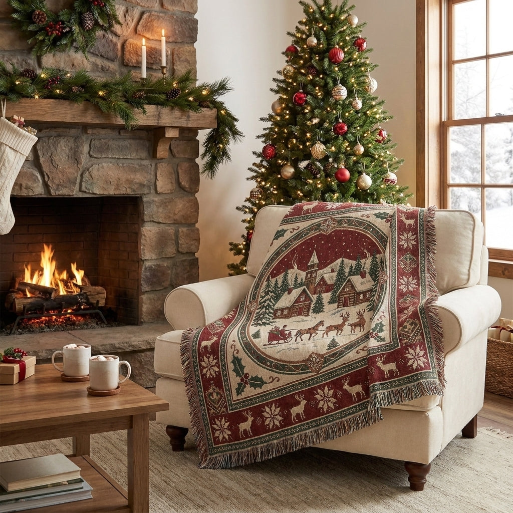 Vintage Christmas Snowy Village Woven Blanket – Cozy Holiday Throw Blanket