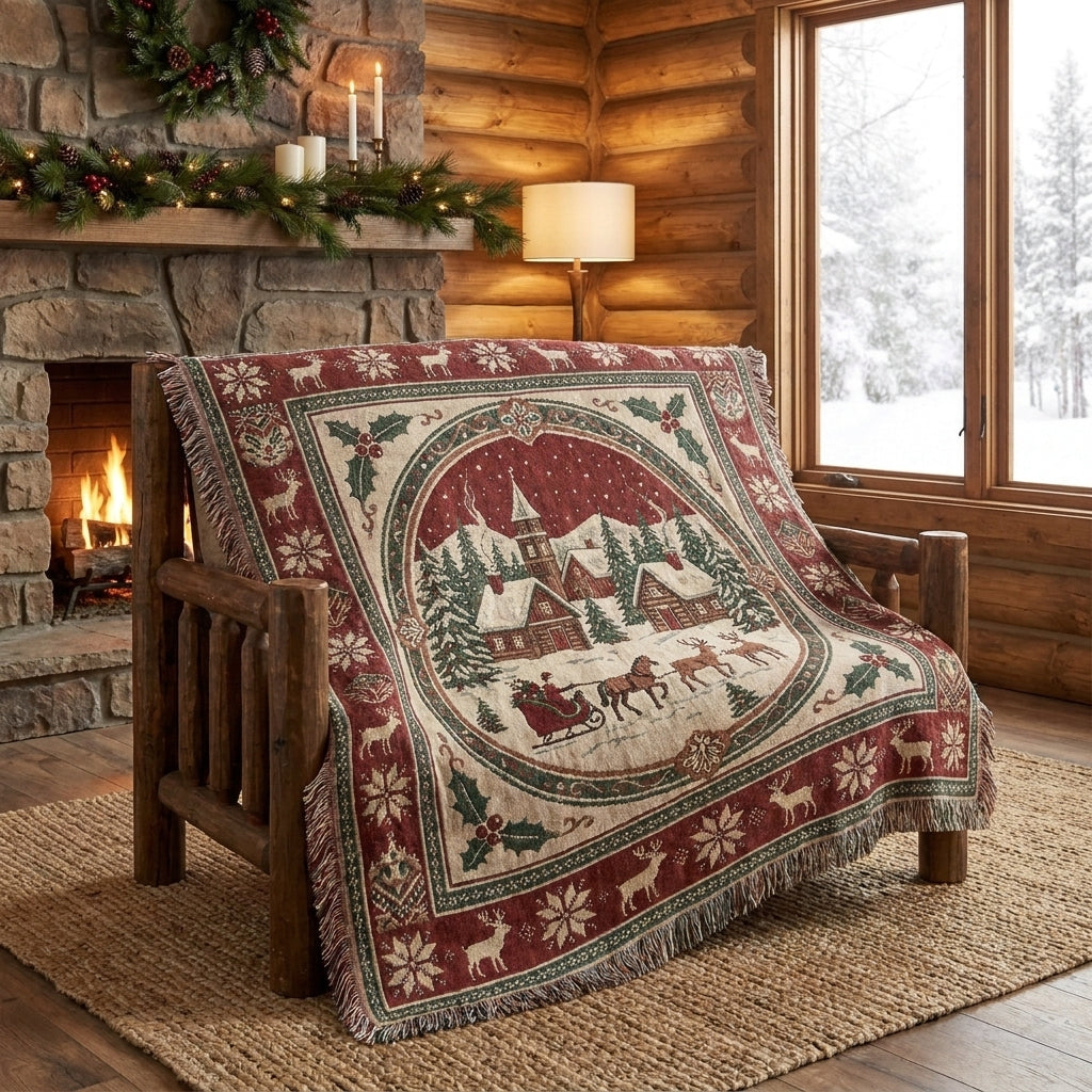 Vintage Christmas Snowy Village Woven Blanket – Cozy Holiday Throw Blanket