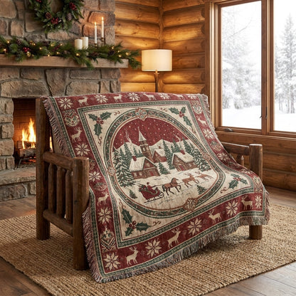 Vintage Christmas Snowy Village Woven Blanket – Cozy Holiday Throw Blanket