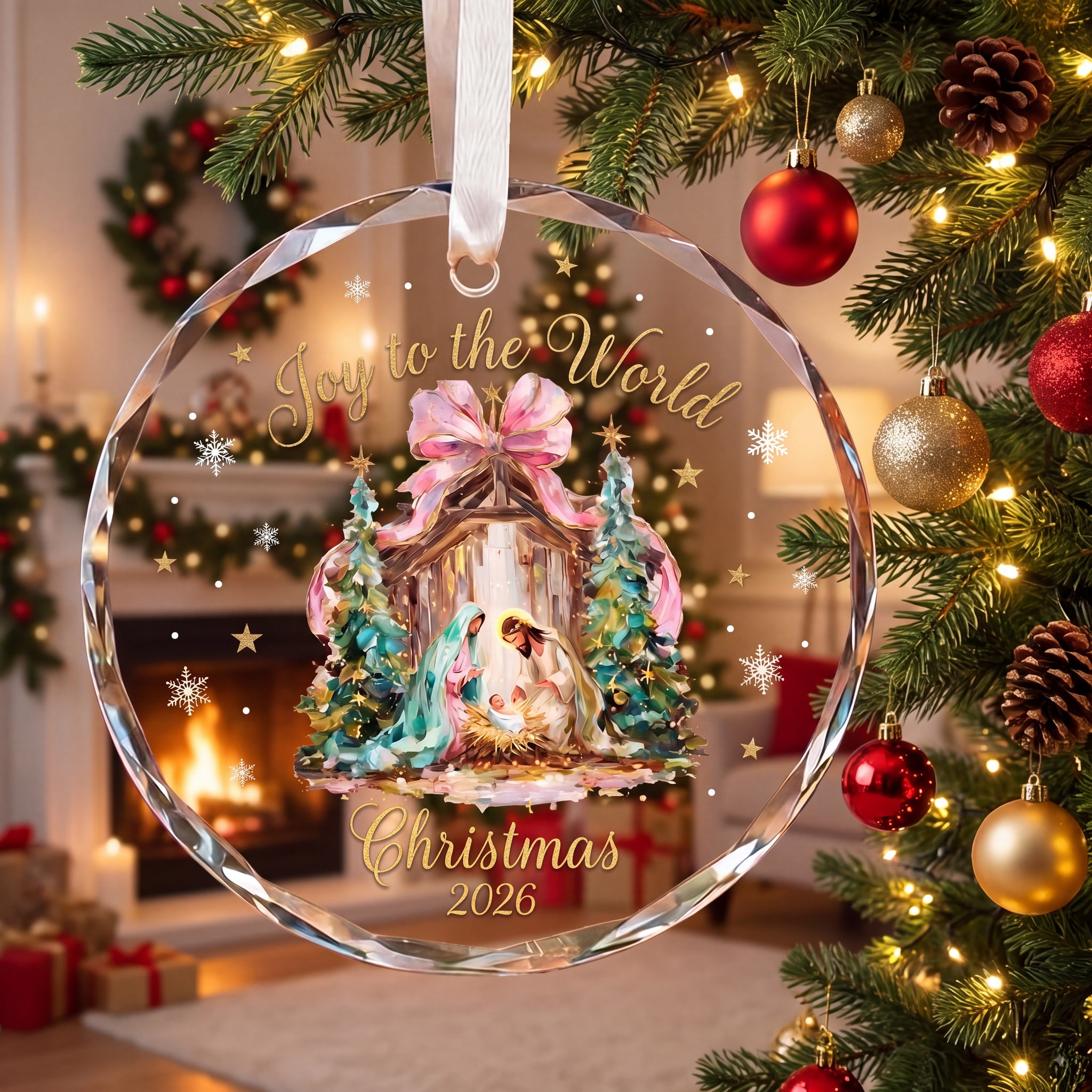 Christmas 2026 Nativity Ornament, Joy to the World Glass Christmas Ornament, Religious Holiday Tree Decoration, Christian Christmas Gift