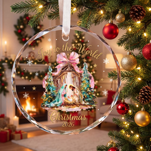 Christmas 2026 Nativity Ornament, Joy to the World Glass Christmas Ornament, Religious Holiday Tree Decoration, Christian Christmas Gift