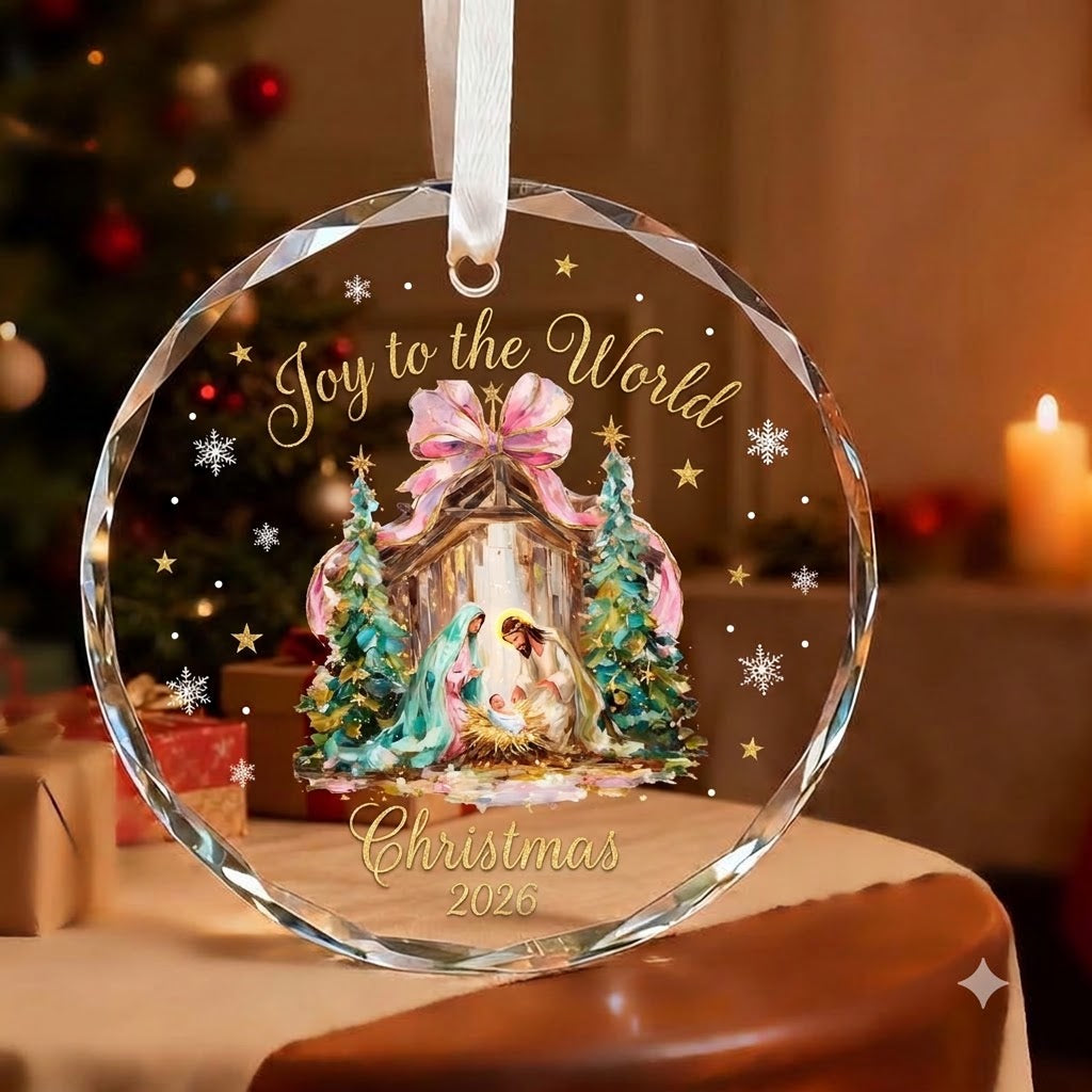 Christmas 2026 Nativity Ornament, Joy to the World Glass Christmas Ornament, Religious Holiday Tree Decoration, Christian Christmas Gift